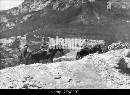 «Sur le front Italien, apres Gorizia ; le General Cadorna, a dos de mulet et suivi d'un officier d'ordonnance, visitant les lignes du trentin», 1916. Extrait de "l'Album de la Guerre 1914-1919, Volume 1" [l'Illustration, Paris, 1924]. Banque D'Images