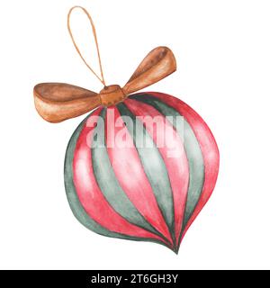 Dessin à l'aquarelle d'un jouet du nouvel an sur le sapin de Noël. Ballon vintage élégant avec des rayures vertes et rouges et un arc en or. Pour décorer des cartes Banque D'Images