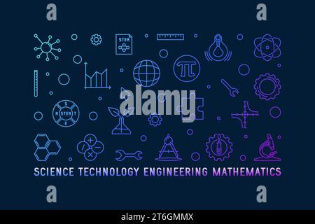 Science, technologie, Ingénierie, mathématiques illustration de ligne mince. STEM concept bannière horizontale linéaire avec fond sombre Illustration de Vecteur