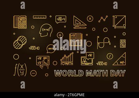 Vecteur de concept de la Journée mondiale des mathématiques ligne mince bannière dorée horizontale. Illustration mathématique avec fond sombre Illustration de Vecteur