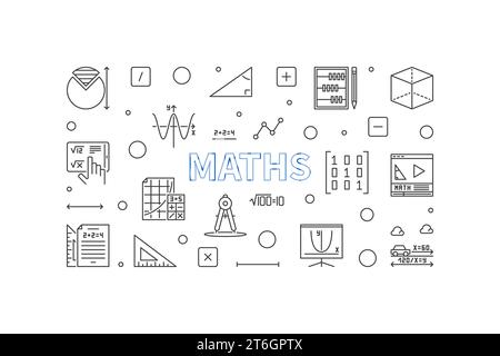 Bannière horizontale de contour de concept de vecteur de maths. Illustration mathématique en style ligne Illustration de Vecteur
