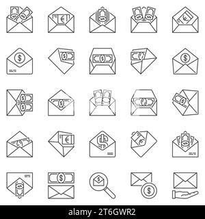 Enveloppe avec ensemble d'icônes de contour d'argent - symboles vectoriels de ligne de concept de salaire ou de pot-de-vin Illustration de Vecteur