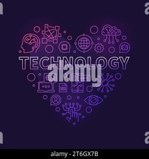 I Love Technology concept linéaire bannière colorée en forme de cœur - vecteur ai, ML et neural Network Tech illustration de cœur sur fond sombre Illustration de Vecteur