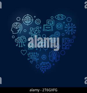 I Love neural Network et ai Technology concept mince ligne en forme de coeur bannière bleue - vecteur Tech illustration linéaire sur fond sombre Illustration de Vecteur