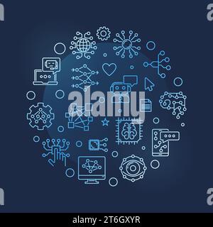 Bannière bleue de vecteur de contour en forme de cercle de concept de solution. Illustration de l'intelligence artificielle et du réseau neuronal sur fond sombre Illustration de Vecteur