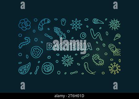 Bannière horizontale colorée de vecteur de concept de bactéries avec des symboles de ligne mince de bactérie - Science illustration moderne avec fond sombre Illustration de Vecteur