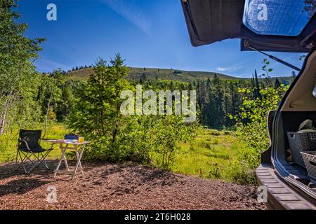 Camping au Allred Flat Campground, sur Little White Creek, Salt Canyon à Gannett Hills, près de Salt River Pass, Bridger National Forest, Wyoming, États-Unis Banque D'Images