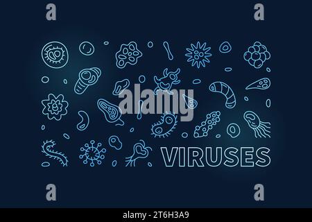 Vecteur de contour de concept de virus bannière horizontale colorée faite avec des signes linéaires de virus avec fond sombre Illustration de Vecteur