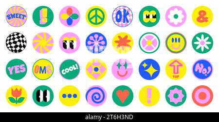 Lot de 90 autocollants Cool Brutalism. Formes abstraites ludiques naïves dans un cercle, Cartoon Eyes, flèche, Marguerite, formes géométriques. Illustration vectorielle Doodle pour T-shirts. Illustration vectorielle Illustration de Vecteur