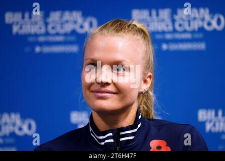 Harriet Dart de Grande-Bretagne lors d'une conférence de presse avant le match de la coupe Billie Jean King 2023 entre la Grande-Bretagne et la Suède à la Copper Box Arena de Londres. Date de la photo : Vendredi 10 novembre 2023. Banque D'Images