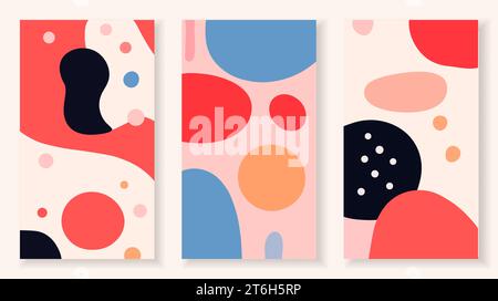 Décorez les arrière-plans de motifs de doodle avec des formes organiques abstraites et des blobs. Panneaux colorés dessinés à la main dans les couleurs rouge, noir, bleu et beige Illustration de Vecteur
