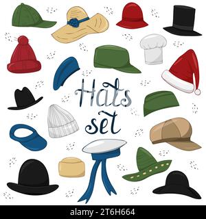 Ensemble vectoriel dessiné à la main de chapeaux d'homme et de femme. Coiffures élégantes pour hommes et femmes. Casquette de baseball et chapeaux élégants. Illustration de Vecteur