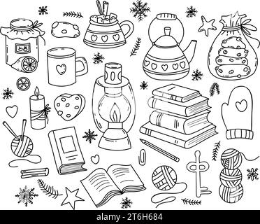 Collection de doodle d'hiver et de passe-temps confortable. Livres, fils à tricoter, biscuits, confiture et tasse avec théière dans le style dessiné à la main. Illustration vectorielle. Illustration de Vecteur