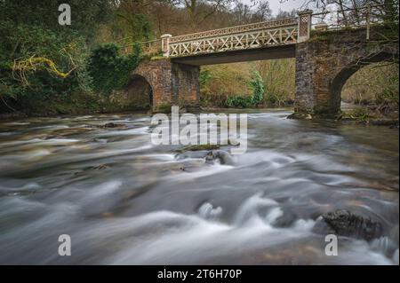 Vue automnale de la rivière Barle en cascade sur les rochers à Marsh Bridge près de Dulverton dans le parc national Exmoor, Somerset, Angleterre, Royaume-Uni Banque D'Images