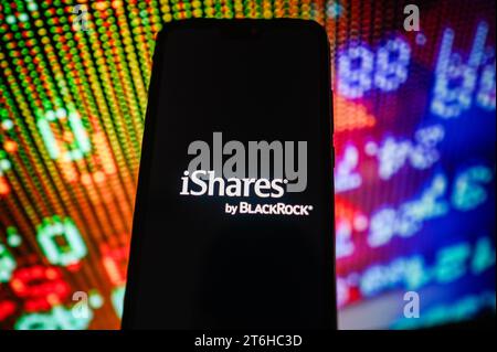 Pologne. 10 novembre 2023. Sur cette photo, un logo iShares by BlackRock est affiché sur un smartphone avec des pourcentages boursiers en arrière-plan. (Image de crédit : © Omar marques/SOPA Images via ZUMA Press Wire) USAGE ÉDITORIAL SEULEMENT! Non destiné à UN USAGE commercial ! Banque D'Images
