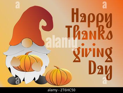 Joyeux jour de Thanksgiving, automne gnome citrouille- idéal pour site Web, email, carte de voeux, présentation, carte postale, livre, t-shirt, sweat-shirt, autocollant, Illustration de Vecteur