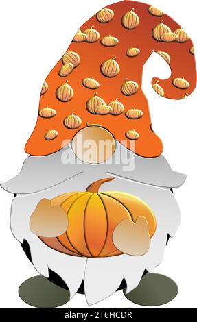 gnome avec citrouille- automne - thanksgiving- pour site web, email, carte de voeux, présentation, carte postale, livre, t-shirt, sweat-shirt, autocollant, livre Illustration de Vecteur