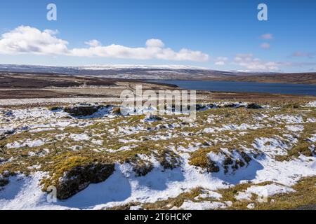 Man Made Cow Green RESEVIER, paysage alpin avec neige printanière qui abrite de nombreuses espèces rares de plantes des hautes terres et échassiers reproducteurs, Upper Teesdale, Co du Banque D'Images