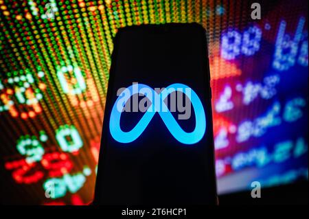 Pologne. 10 novembre 2023. Dans cette illustration photo, un logo Meta est affiché sur un smartphone avec des pourcentages boursiers en arrière-plan. (Image de crédit : © Omar marques/SOPA Images via ZUMA Press Wire) USAGE ÉDITORIAL SEULEMENT! Non destiné à UN USAGE commercial ! Banque D'Images