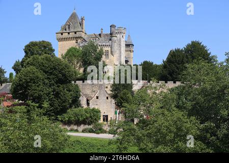 Château, village et noyer à Montfort en Périgord Noir près de Sarlat. Le château de Montfort surplombe la Dordogne. Histoire, architecture, countr Banque D'Images