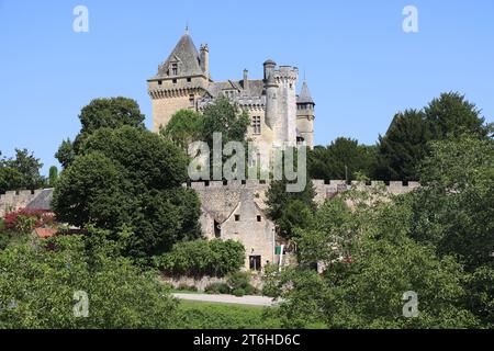 Château, village et noyer à Montfort en Périgord Noir près de Sarlat. Le château de Montfort surplombe la Dordogne. Histoire, architecture, countr Banque D'Images