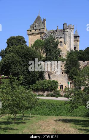 Château, village et noyer à Montfort en Périgord Noir près de Sarlat. Le château de Montfort surplombe la Dordogne. Histoire, architecture, countr Banque D'Images