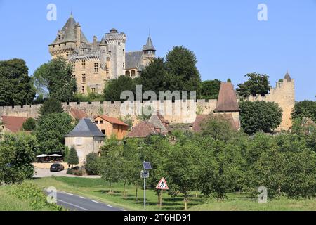 Château, village et noyer à Montfort en Périgord Noir près de Sarlat. Le château de Montfort surplombe la Dordogne. Histoire, architecture, countr Banque D'Images