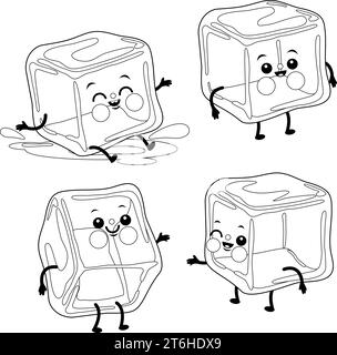 Personnages mignons de glaçons. Page de coloriage en noir et blanc vectoriel. Illustration de Vecteur