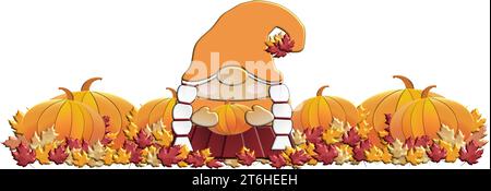 gnome avec citrouille- automne - thanksgiving- pour site web, email, carte de voeux, présentation, carte postale, livre, t-shirt, sweat-shirt, autocollant, livre Illustration de Vecteur