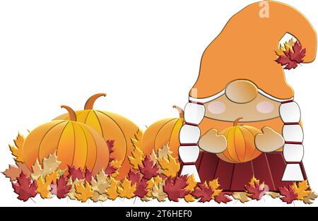 gnome avec citrouille- automne - thanksgiving- pour site web, email, carte de voeux, présentation, carte postale, livre, t-shirt, sweat-shirt, autocollant, livre Illustration de Vecteur