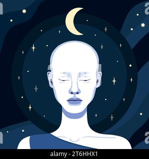 Belle femme chauve avec les yeux fermés sur fond de ciel nocturne avec des étoiles et un croissant. Illustration vectorielle Illustration de Vecteur