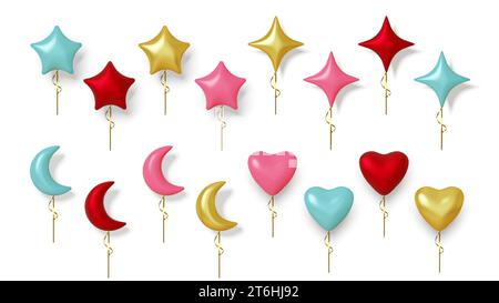 Ensemble de ballons réalistes colorés en forme d'étoile, de cœur et de mois. Isolé sur fond blanc en style 3D. Illustration vectorielle Illustration de Vecteur