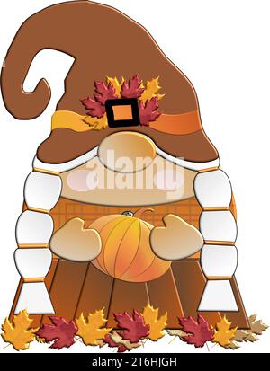 gnome avec citrouille- automne - thanksgiving- pour site web, email, carte de voeux, présentation, carte postale, livre, t-shirt, sweat-shirt, autocollant, livre Illustration de Vecteur