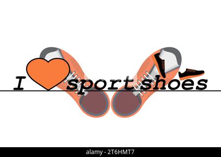 J'adore les chaussures de sport. Texte, slogan. Une paire de baskets, des chaussures de gym et un cœur. Illustration vectorielle isolée. Style plat. Illustration de Vecteur