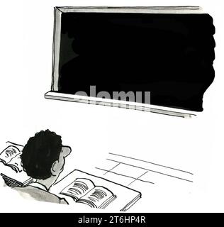 Illustration en noir et blanc d'un étudiant afro-américain assis dans une salle de classe et regardant le tableau noir. Banque D'Images