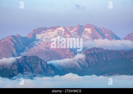 Italie, Vénétie, province de Belluno, Marmolada (côté entre les provinces de Belluno et trente) émergeant d'un tapis de nuages à l'aube, Dolomites Banque D'Images