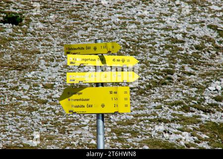 Panneaux, panneaux à la Lafatscher Joch pour les destinations de randonnée environnantes, Absam, Tyrol, Autriche Banque D'Images