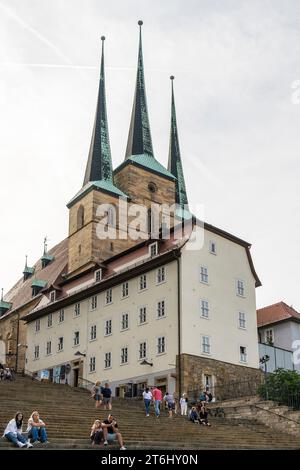 Thuringe, Erfurt, vieille ville, église St. Severi, marches de la cathédrale, visiteurs Banque D'Images