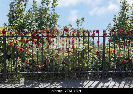 Coquelicots rouges tricotés à la main fixés sur les balustrades à côté du Step Short Memorial aux soldats morts pendant la première Guerre mondiale Banque D'Images
