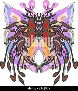 Monstre papillon coloré sur blanc pour emblèmes de bouclier ou de sport ou imprimés sur des T-shirts. Ailes de papillon brillantes pour les affaires, tissus, affiches, tatouages Banque D'Images