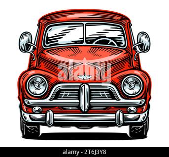 Voiture rouge rétro classique dessinée à la main, vue de face. Illustration du vecteur de transport Illustration de Vecteur