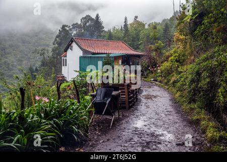 Snack Bar Flor da Selva sur le PR11 Vereda dos Balcoes sentier de randonnée à travers la forêt de Laurier jusqu'au point de vue Miradouro Balcoes, Ribeiro Frio, Madère Banque D'Images