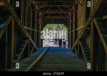 Au-dessus de la fourche sud de la rivière Merced à Wawona se trouve un pont couvert. Il n'y a qu'une douzaine de ponts couverts en Californie. Banque D'Images