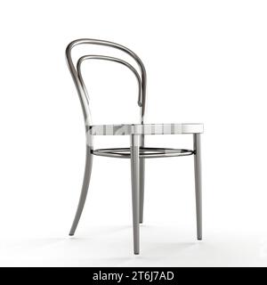 Une chaise de salle à manger en aluminium élégante avec assise et dossier noirs reposant sur un fond blanc Banque D'Images