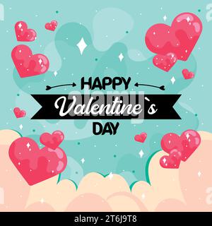 Affiche joyeuse Saint Valentin avec des formes de coeur de ruban et des nuages Vector Illustration de Vecteur
