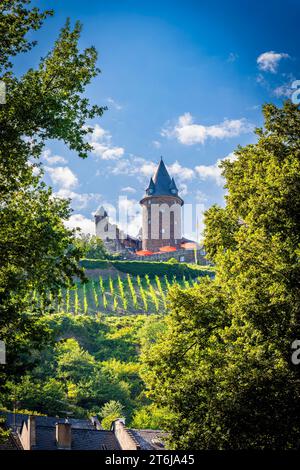 La ville de Bacharach sur le Rhin moyen, le château de Stahleck et plusieurs tours de la ville encadrent le centre-ville, la chapelle Werner et St. Peter se démarque, Banque D'Images