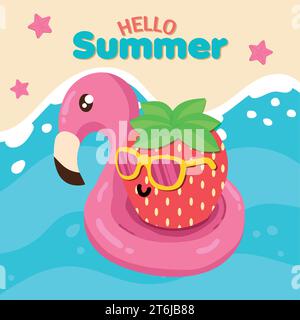 Mignon personnage de fraise avec sauveteur Bonjour vecteur d'été Illustration de Vecteur