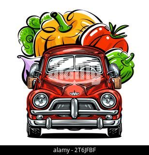 Livraison de nourriture biologique agricole. Camionnette et légumes frais. Illustration vectorielle Illustration de Vecteur