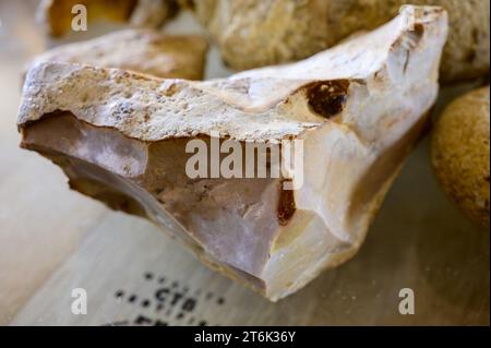 Visite des vins dans les caves en appellation Pouilly-fume, exemples de terroirs de vignes en appellation Pouilly-fume, cailloux silex, argile, caillottes limeston Banque D'Images