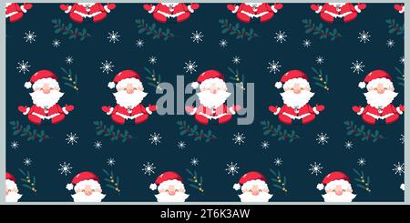 Motif sans couture de Noël avec Père Noël mignon méditant, baies et flocons de neige. Illustration de Vecteur